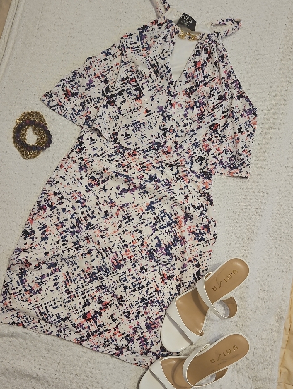 Guess White Halter Dress with Navy & Pink Abstract Pattern